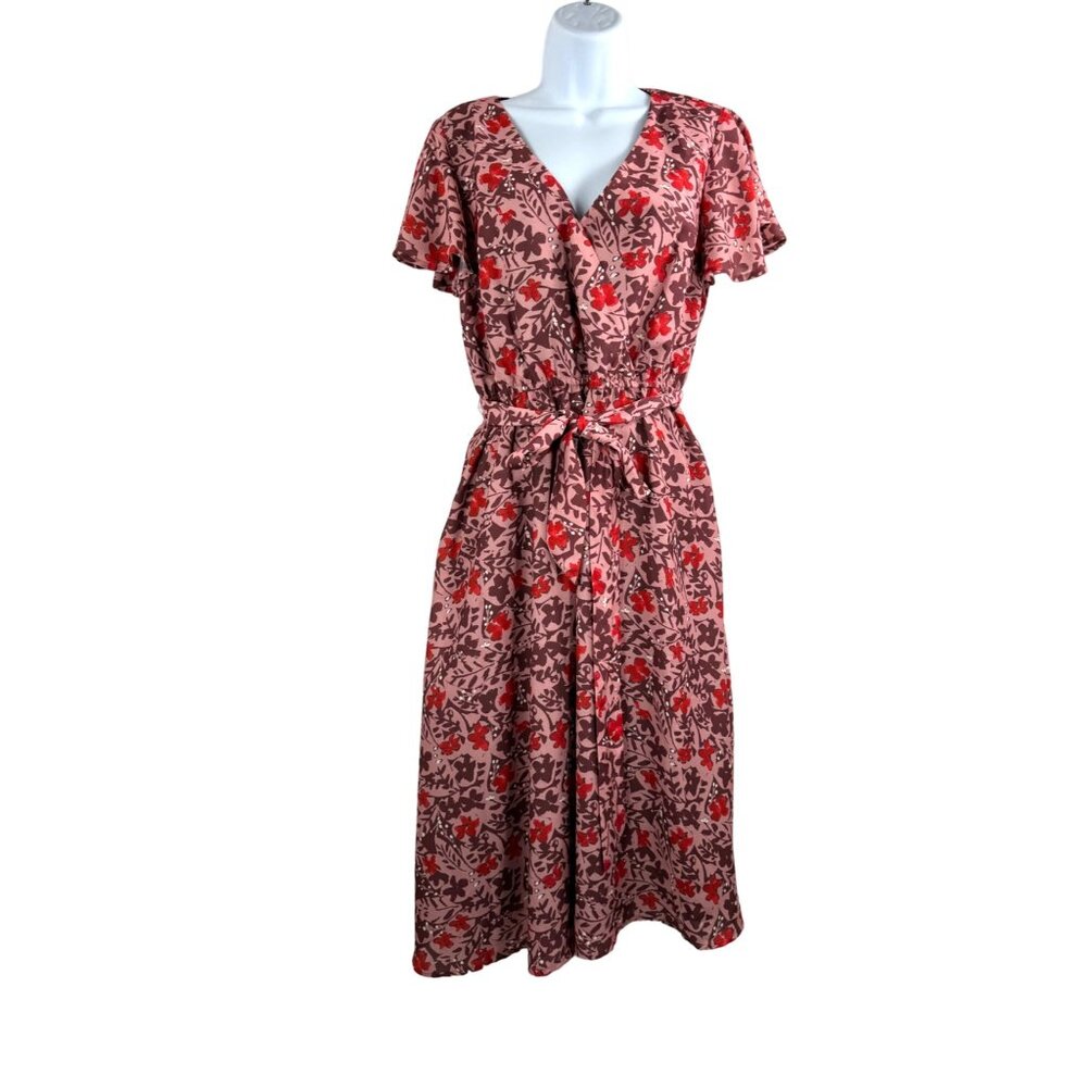 Modcloth fits of bliss floral wrap midi dress pink brown‎ sz L